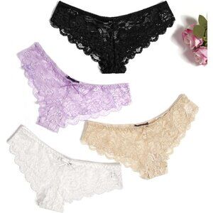 Women's 4 Pcs Black White Floral Lace V-shape Imported Hipster Underwear Panties